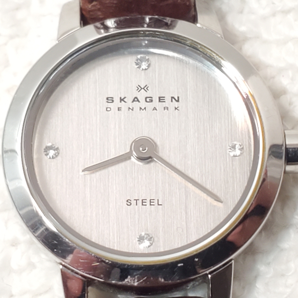 Skagen Denmark Steel Women's Petite Watch Silver Dial Leather Strap Crystals